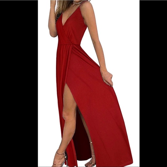 💃🏻Red V-Neck Backless Split Maxi Dress - Picture 3 of 7